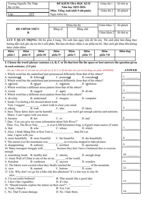 Đề thi Học kì 2 Tiếng Anh 9 năm 2025-2026 trường THCS Nguyễn Thị Thập (TP Hồ Chí Minh)